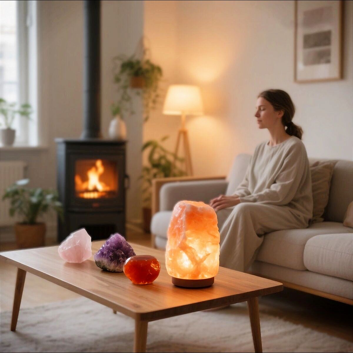 En person slapper af i stue med saltlampe og krystaller på bordet