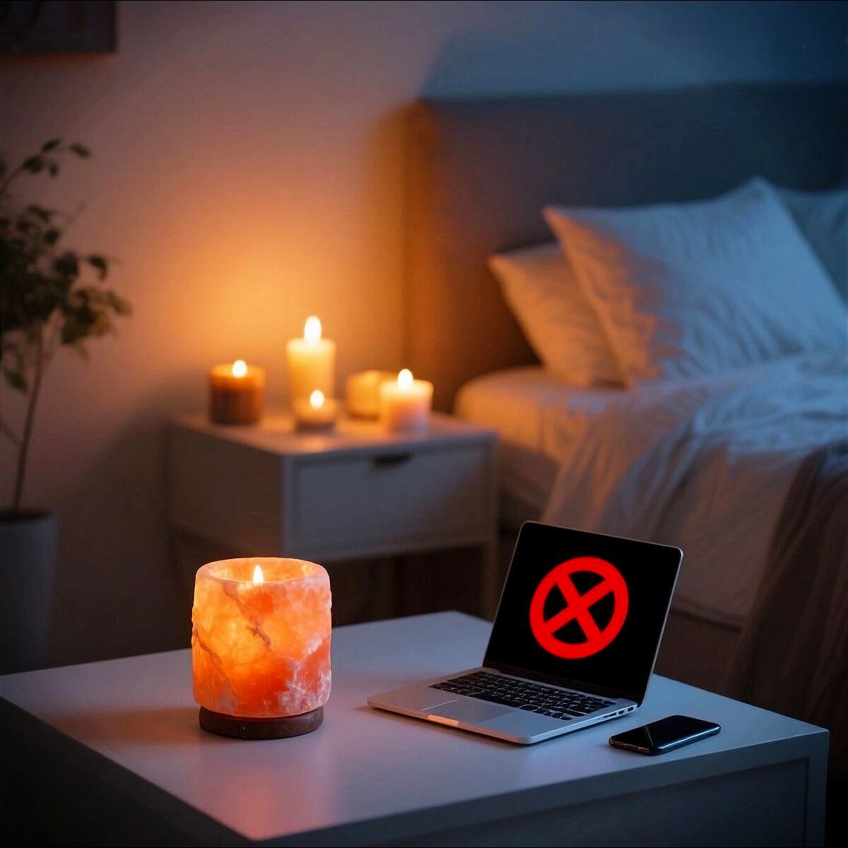 soveværelse med hyggelig belysning som stearinlys og saltkrystal fyrfadsholder hvor der er skærmfri zone