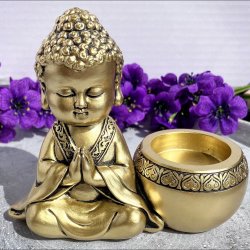 Gylden Buddha fyrfadsstage 11 cm h�j set forfra