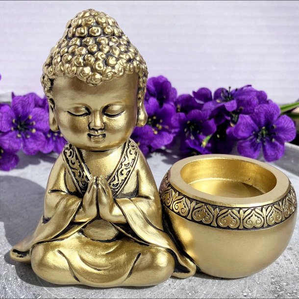 Gylden Buddha fyrfadsstage 11 cm h�j set forfra