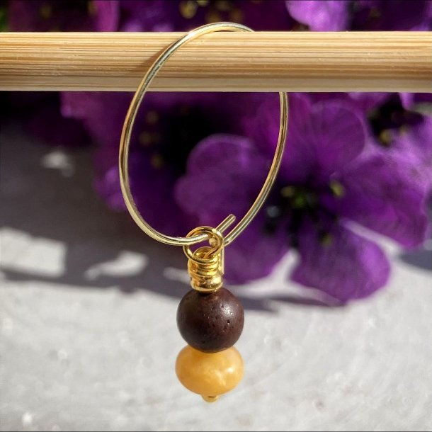 rering, hndlavet single guldfarvet Dubhe creol med gul jade krystal og brun lavasten.