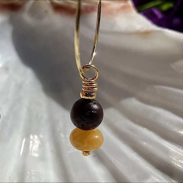 rering, hndlavet single guldfarvet Dubhe creol med gul jade krystal og brun lavasten.