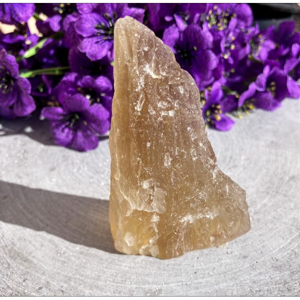 M�rk og gylden gul fluorit r� krystal p� 131 g st�ende foran lilla blomster.