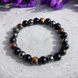 Centreret produktbillede af armb�nd med h�matit, obsidian og tiger�je krystaller.