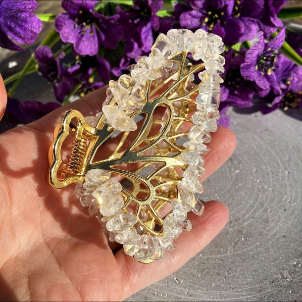 Forgyldt kobber sommerfugl hrklemme med sm bjergkrystal chips rundt i kanten. lngde 8 cm, bredde 5 cm