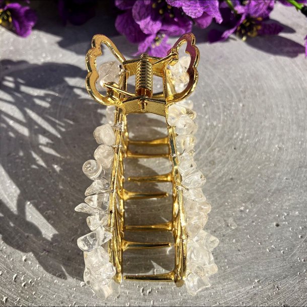 Forgyldt kobber sommerfugl hrklemme med sm bjergkrystal chips rundt i kanten. lngde 8 cm, bredde 5 cm