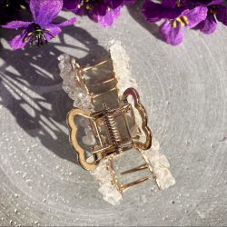 Forgyldt kobber sommerfugl hrklemme med sm bjergkrystal chips rundt i kanten. lngde 8 cm, bredde 5 cm